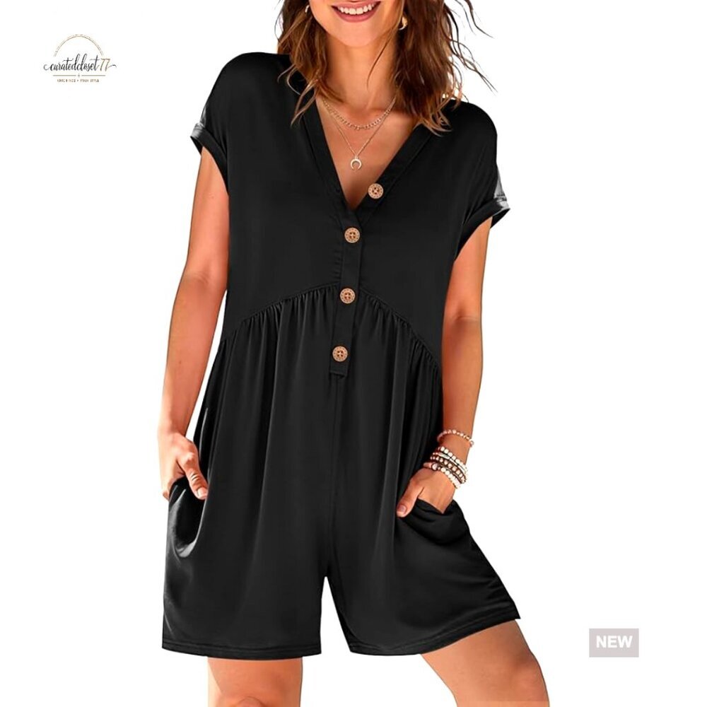 V-Neck Button Romper with Pockets, Cap Sleeves, Elastic Waist, Summer Casual